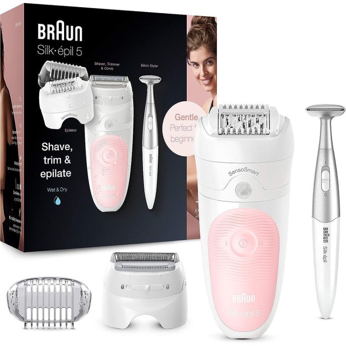 Braun Silk-épil 5-820 Wet & Dry Epilator with Shaving Head and Massage Cap, Bikini Styler Included, Use Dry or Under Water, Gift Idea, White and Pink - International Warranty